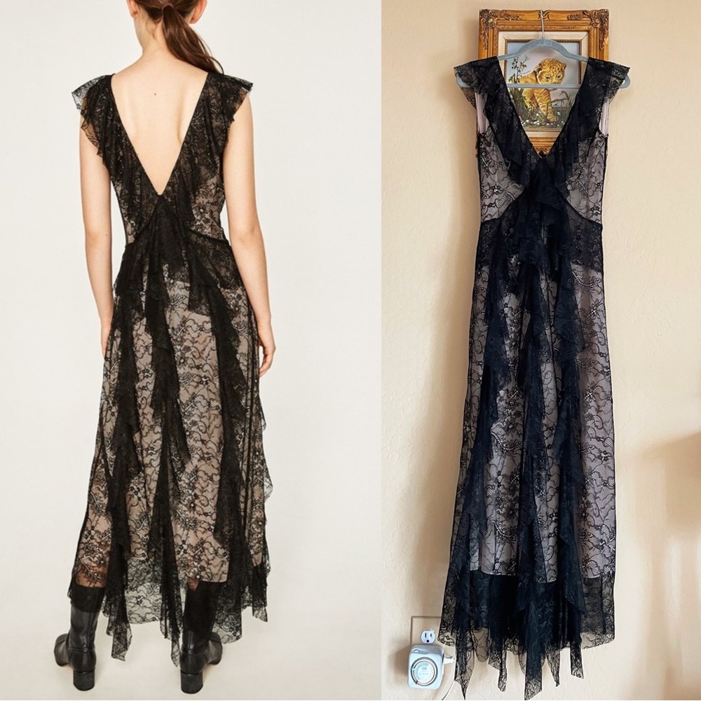 ZARA WOMAN STUDIO NWT PREMIUM Black & Nude Lace Ruffle Frill V Neck Maxi Dress - Picture 10 of 14